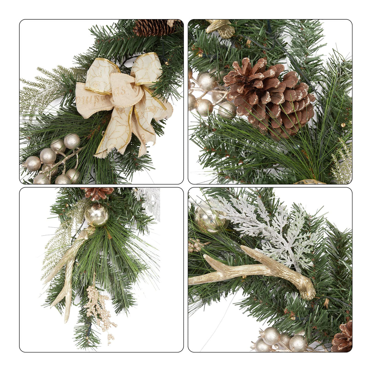LinTimes Christmas Garland with 20 Led Lights, 6 Ft Pre-Lit Gold Xmas Garland with Faux Antlers Bow-Knot Ball Ornaments, Battery Operated Garland with Timer for Mantle Staircase Table Decoration