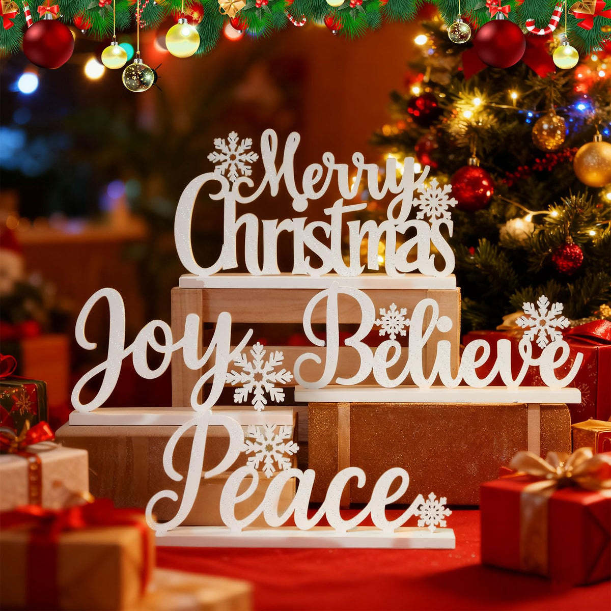Roowest 4 Pcs Wooden Christmas Table Sign White Merry Christmas Table Decor Elegant Joy Wood Cutout with Glitter Tabletop Believe Peace Words Centerpiece for Mantle Tiered Tray Shelf Xmas Party Decor