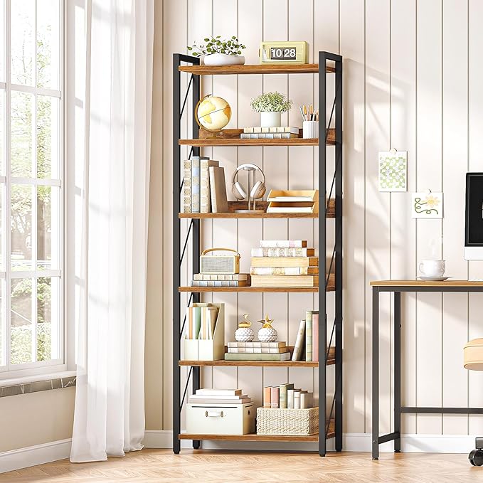 HOOBRO Bookshelf, 6-Tier Industrial Bookcase, Book Shelf Storage Organizer