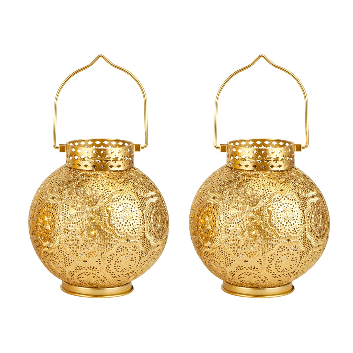 TRIROCKS Set of 2 Moroccan Style Metal Table Lamp 7'' High Battery Powered Cordless Lamp with LED Fairy Lights Bulb Perfect for Home Living Room Parties Tabletop Indoors(Gold)