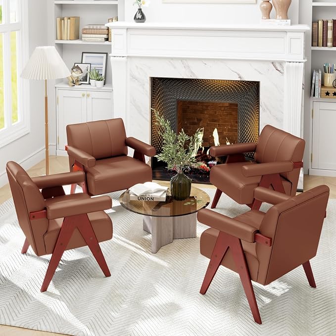 STHOUYN Brown Leather Accent Chairs Set of 2, Mid Century Modern Chair Set of 2