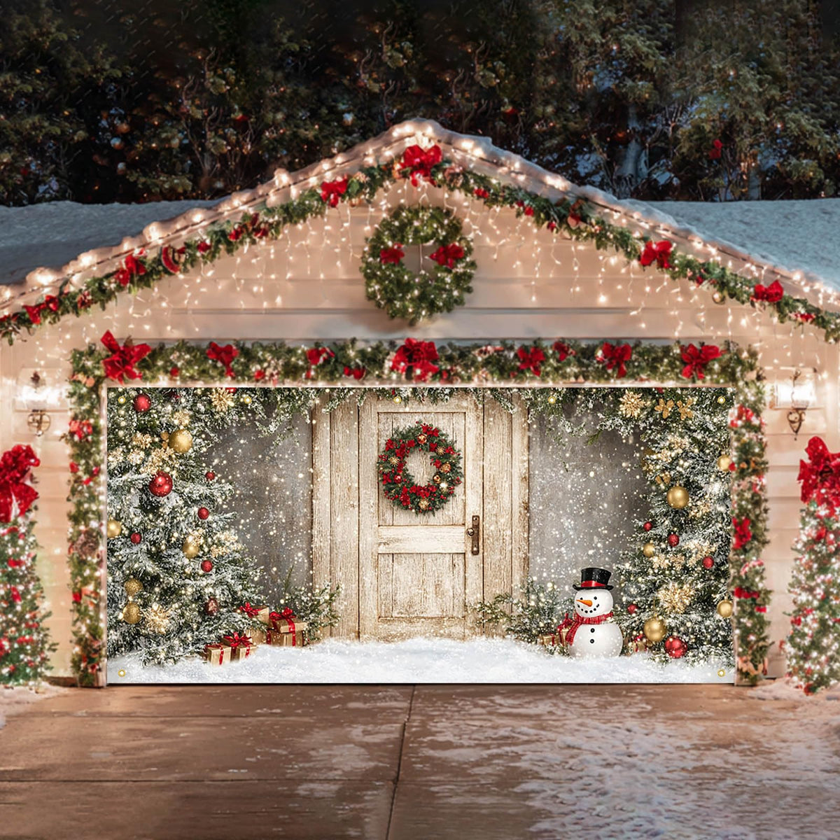 HOMETITUTE Christmas Garage Entryway Banner 13x6ft Gray Wall with Wooden Entryway Decoration Featuring Xmas Trees Snowman Gift BoxesSnowflakes and Lights for Outdoor Holiday Backdrop