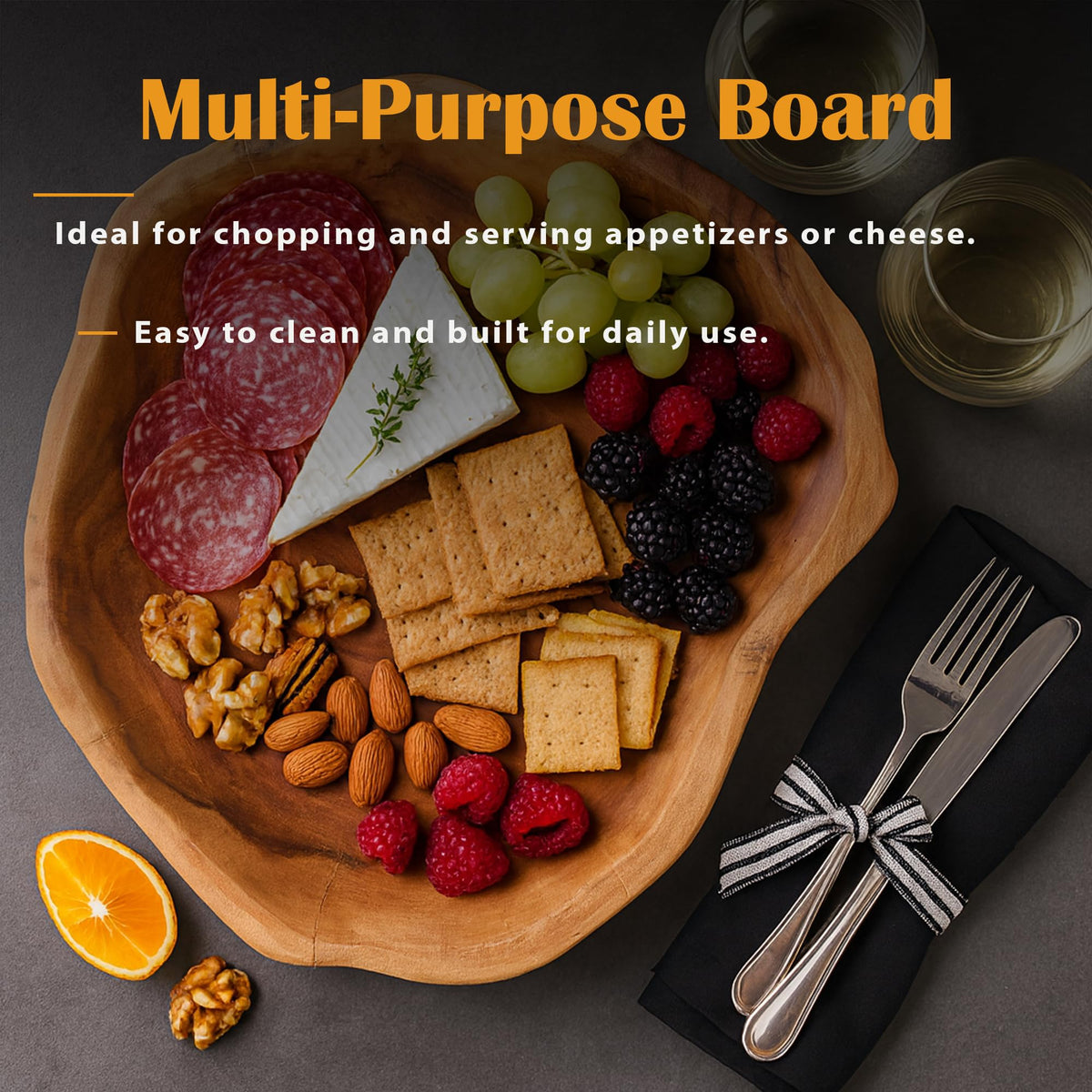 GoCraft Acacia Wood Butcher Block Serving Platter – 12 x 10 Inches Thick Wooden Charcuterie Board, Rustic Cheese Tray, Food Prep and Display Tray for Kitchen, Parties & Farmhouse Décor