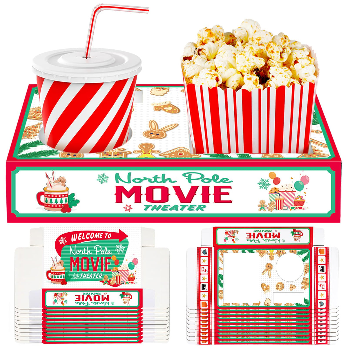 Dunzoom 20 Pcs Christmas Movie Night Supplies Movie Night Paper Snack Trays Popcorn Candy Holder Cardboard Snack Holder Food Trays(Cute Christmas)