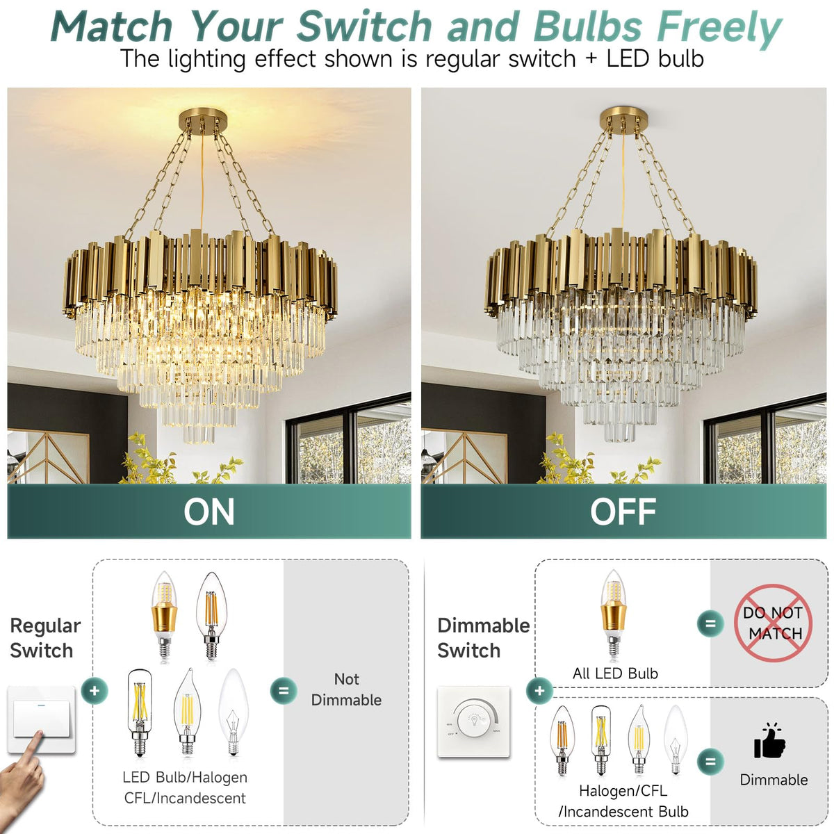 AOOCHOK Modern Crystal Chandelier Gold Pendant Light Fixtures, Round Crystal Pendant Lighting for Living Room, Dining Room, Bedroom, Restaurant, E12 x 12, Φ30inch