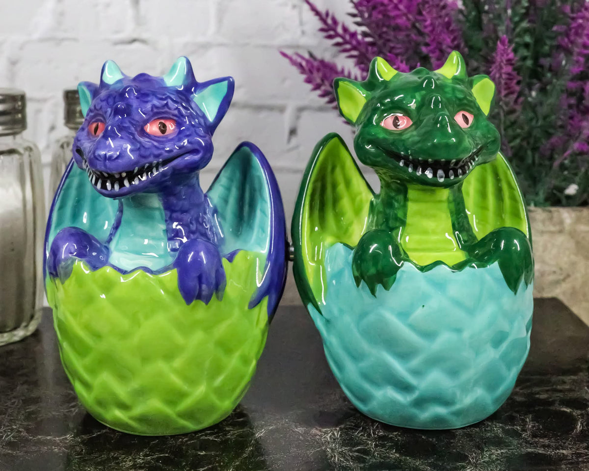 Ebros Gift Fantasy Flying Beasts Green And Blue Dragon Hatchlings In Half Cracked Eggs Decorative Salt Pepper Shakers Set Ceramic Figurines
