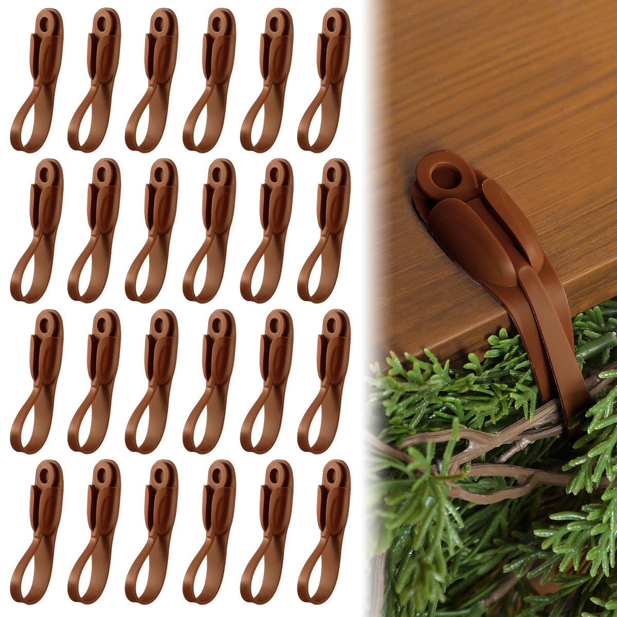 Relaxweex 24 Pcs Garland Hanger for Mantle No Drill Garland Hangers Hooks Wreath Ties Fireplace Stocking Holder Stretchable Silicone Adhesive Straps for Door Frame Stairways (Brown)