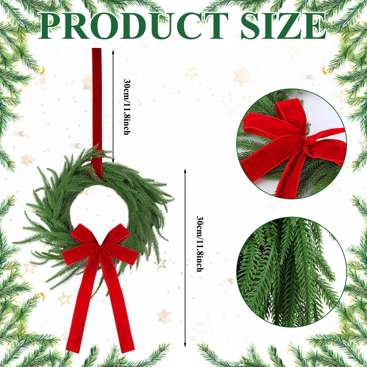 Janinka 6 Pcs Christmas Wreath for Windows 11.8 Inch Christmas Window Decorations Cabinet Wreaths with Red Bow Greenery Artificial Hanging Garlands for Fireplaces Window Home (Norfolk)