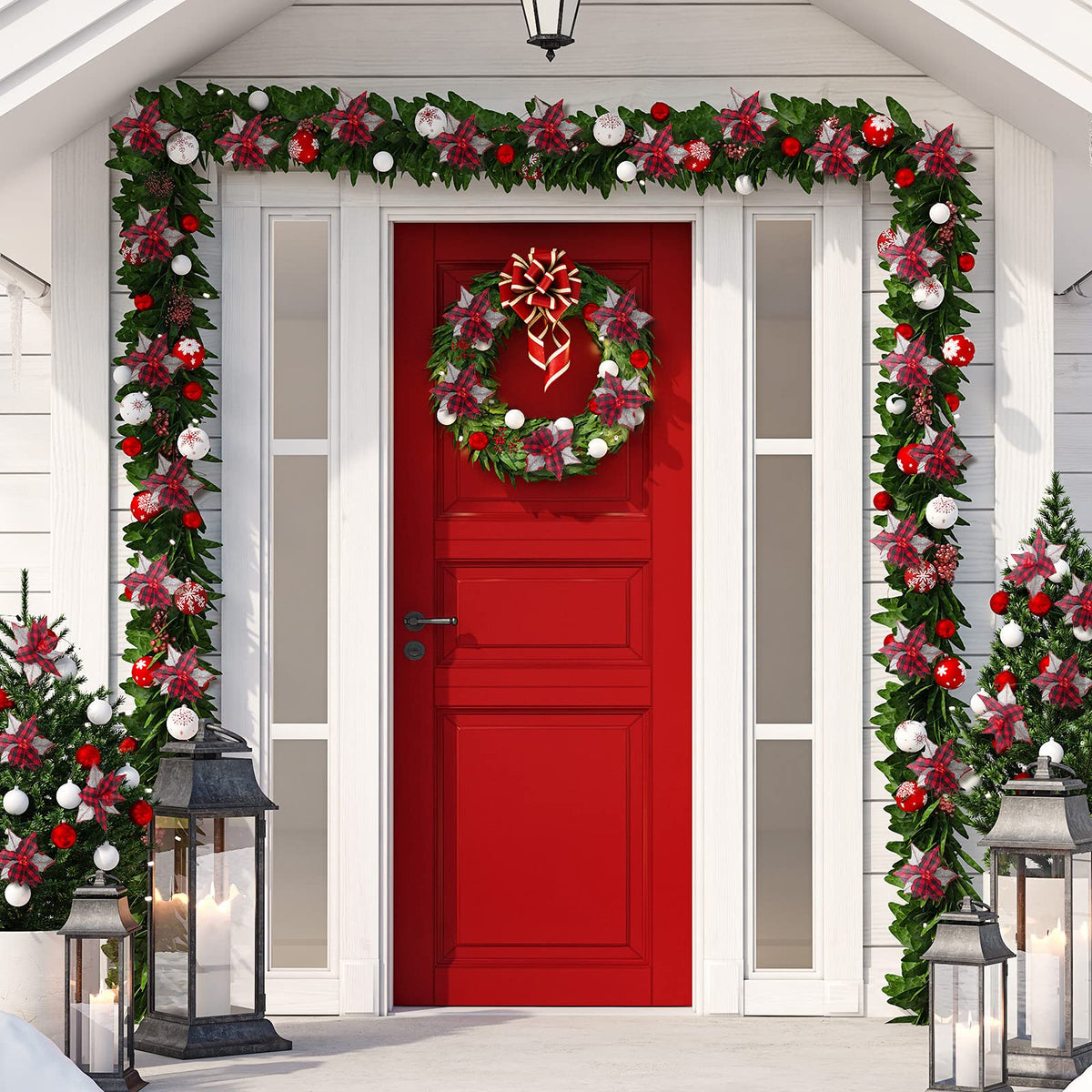 Chuangdi 12 Pcs Buffalo Plaid Poinsettias 6.7 Inches Christmas Tree Ornaments Burlap Artificial Xmas Flower Decor with Bells for Rustic Christmas Tree Wreath Garland Party(Red Black)