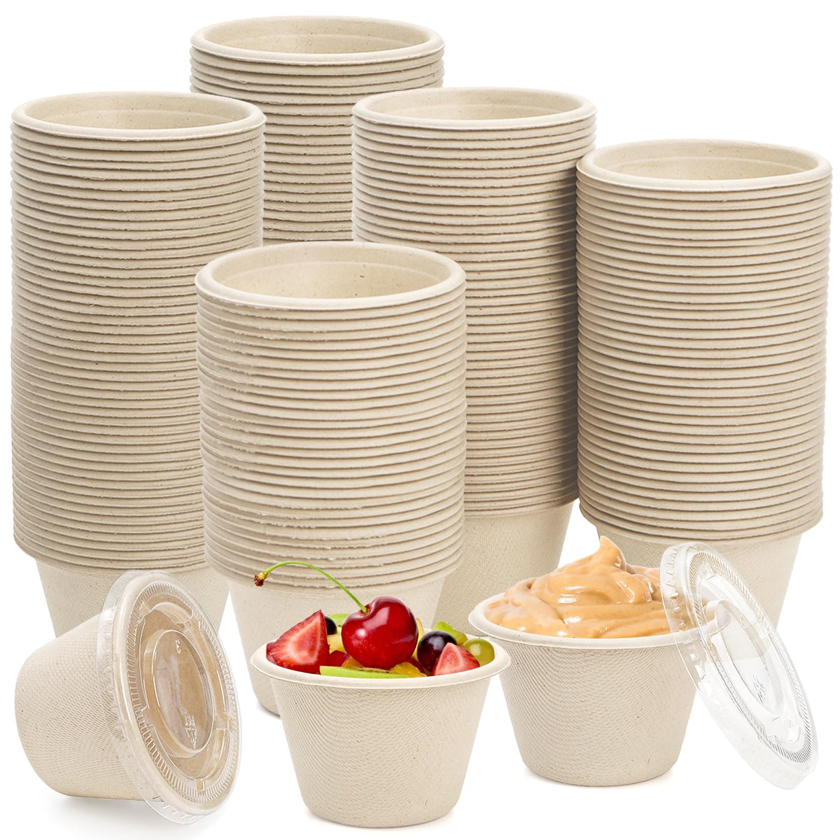 Tebery 200 Pack 4 Oz Disposable Condiment Portion Cups, Small Sauce Dipping Container with Clear Lid, Leak Proof Souffle Ramekin Bowl, Sample Serving Cup for Snack Tasting, Charcuterie, Natural Color