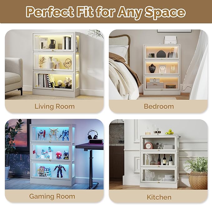 Display Cabinet with Acrylic Glass Doors, 3-Tiers Curio Cabinet with LED