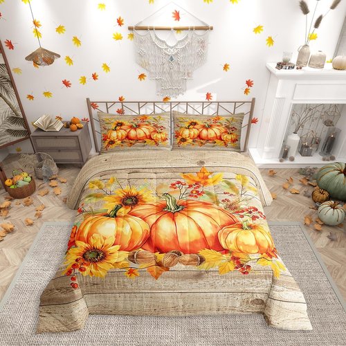 Happy Thanksgiving Fall Harvest Comforter Set Farm Leaves With Pumpkin Quilt Queen, Rustic Barn Door Bedding Set Autumn Maple Farmhouse Duvet Insert For Kids Boys Girls Teens Adult, Brown Gold