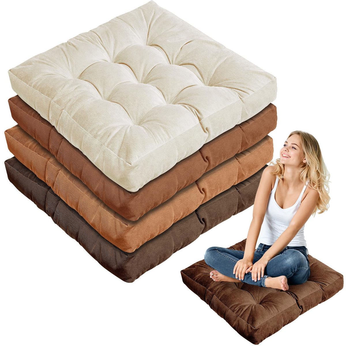 Jerify Floor Pillow Cushions Large Round Square Large Meditation Floor Pillow for Classroom Adult Meditation Picnic Party Seating Learning Daycare School(Square,Brown,4 Pcs)