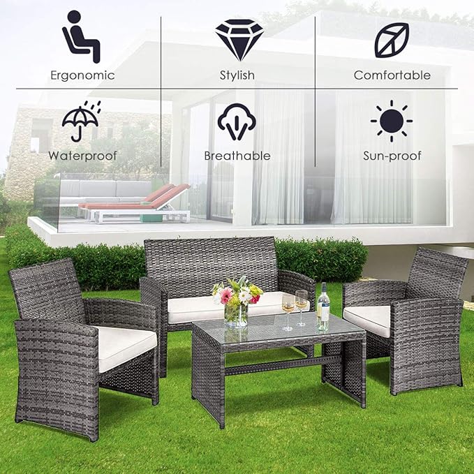 Tangkula 4 PCS Wicker Patio Conversation Set, Outdoor Rattan Sofas