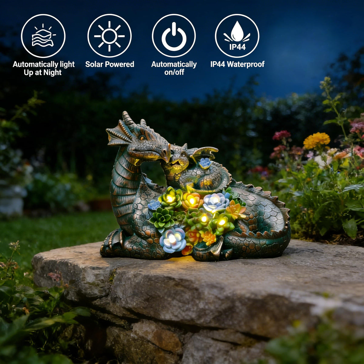 JOYBEE Dragon Solar Garden Statues Outdoor Decoration with Succulent and 6 LED Lights,Dragon Figurine Solar Lights Lawn Décor,Outside Statue Ornament for Patio, Balcony, Yard,Unique Gift for Mom