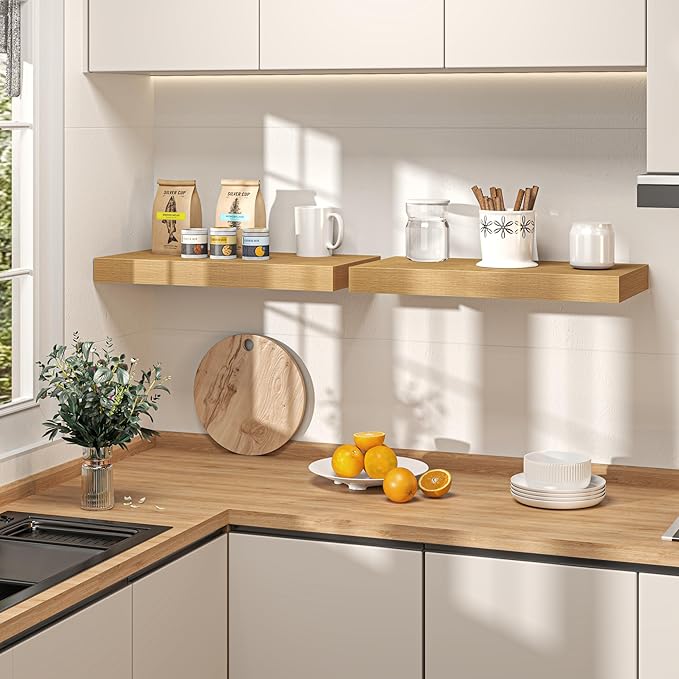 32Inch Oak Floating Shelves for Wall, 12 Inch Deep Shelves for Bedroom