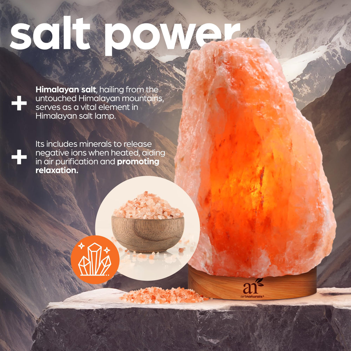 Artnaturals Himalayan Rock Salt Lamp - Natural Glow Night Light -Hand Carved Pink Crystal from Pure Salt - for Rest, Relaxation and Energy - Real Wooden Base (Pink)