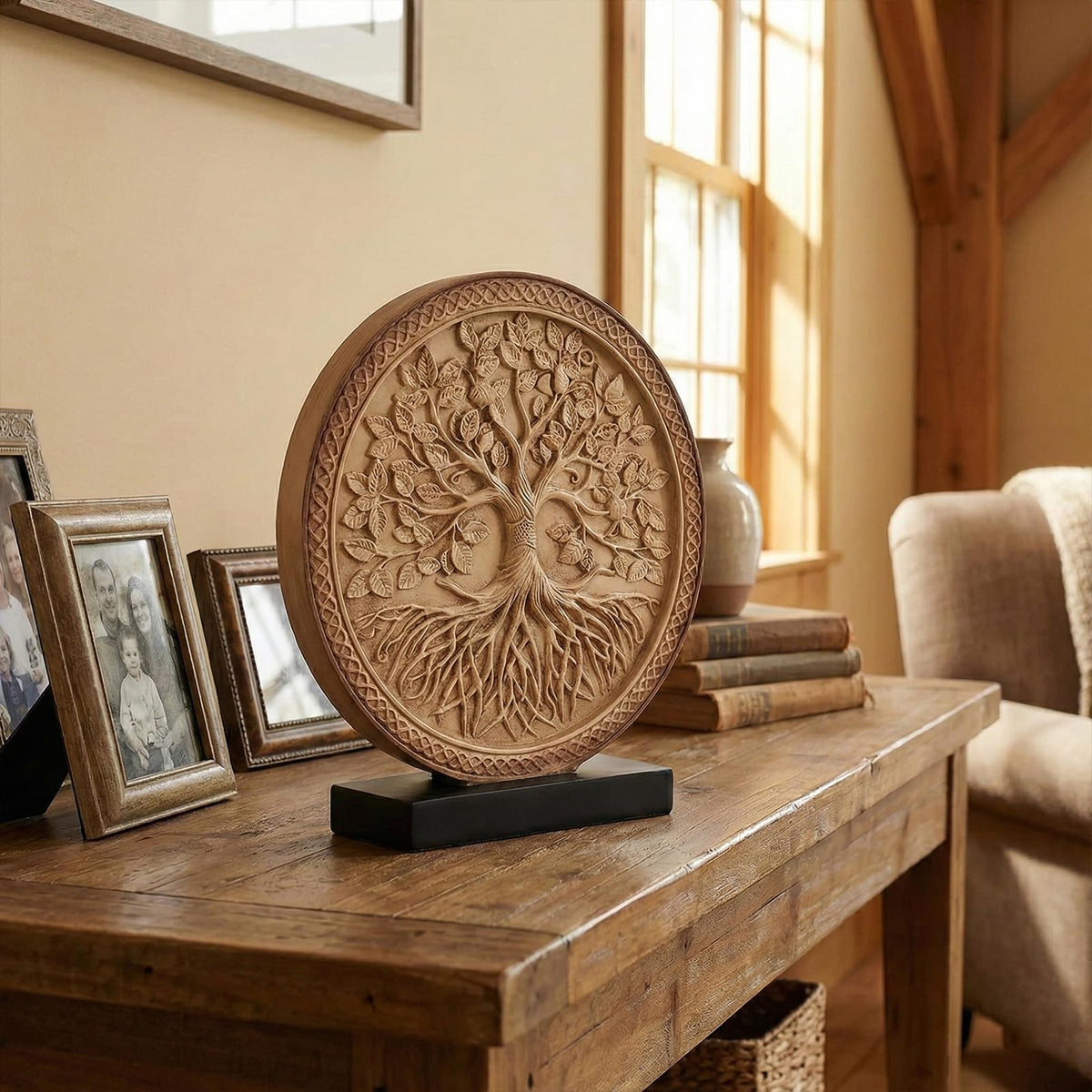 LCCCK Tree of Life Statue, Resin Round Tree Sculpture for Cabinet Decor, Shabby Chic Knick Knacks, Living Room Mantle Entryway Table Top Accent, Symbolic Family Roots Home Decor