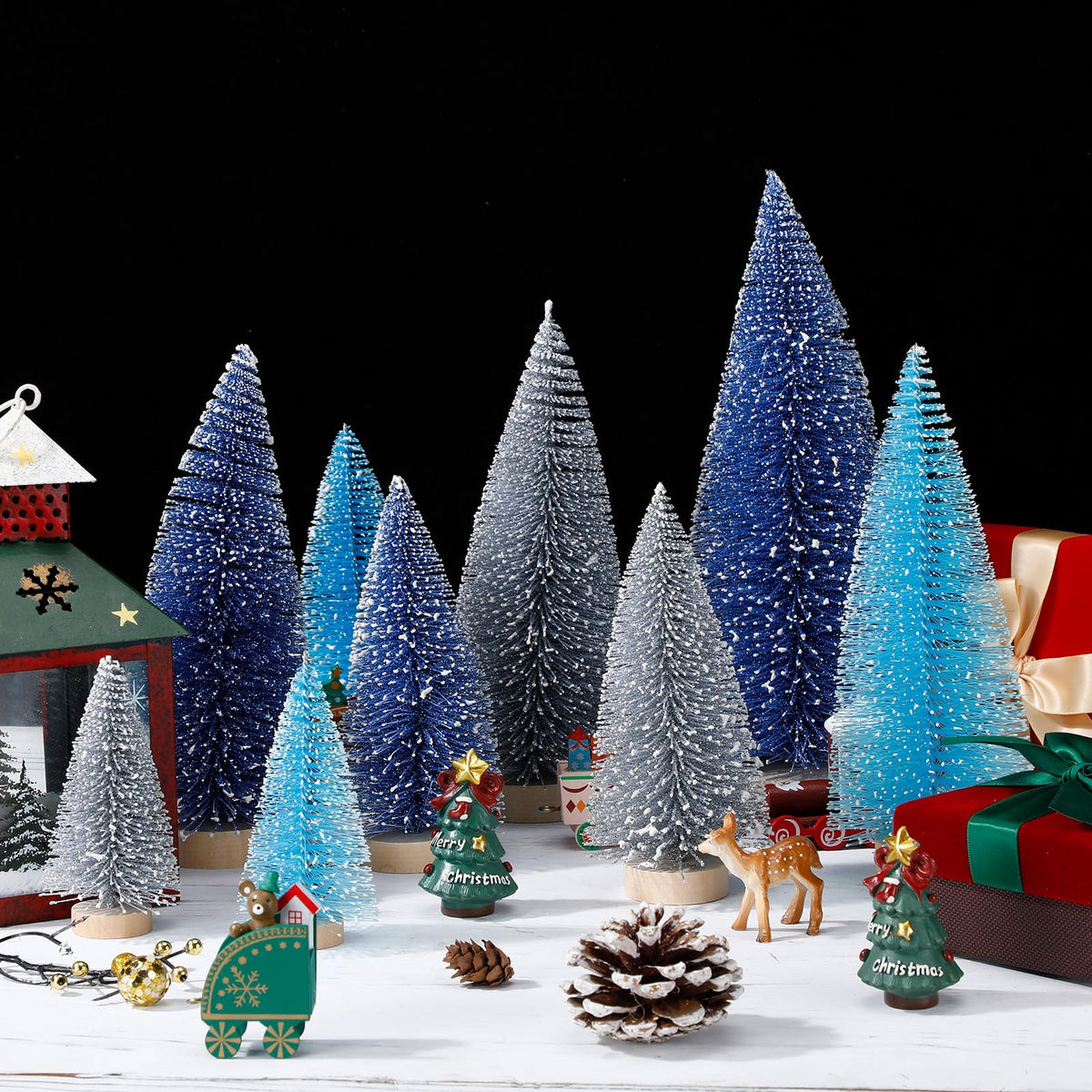 Leyndo 9 Pcs Blue Classic Artificial Mini Christmas Tree Sisal Bottle Brush Trees with Wood Base Christmas Pine Trees for Autumn Winter Holiday Home Kitchen Party Decor