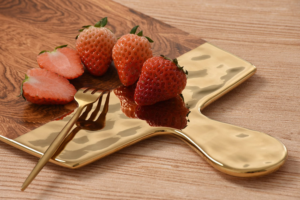 Pampa Bay Wood Look Titanium-Plated Porcelain Rectangular Serving Board, 15.5 x 8 Inch, Gold/White/Wood look