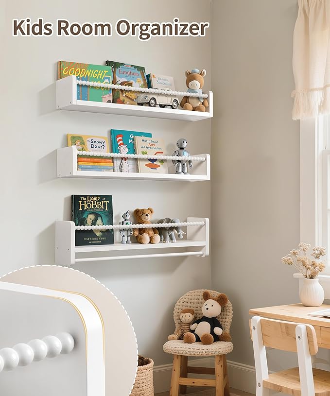 Maxpeuvon 23 Inch Kids Bookshelves Set of 3, Natural Wooden Floating Shelves