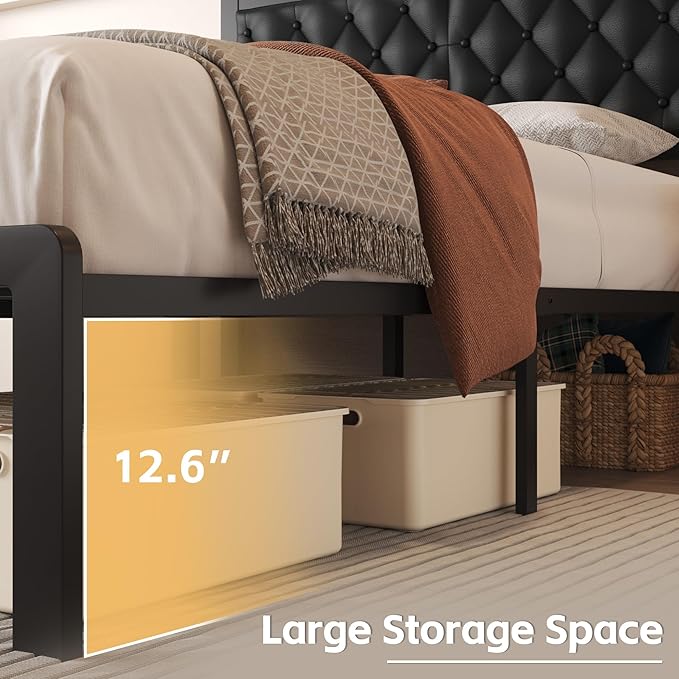Fluest Queen Bed Frame with Headboard PU Leather Upholstered Bed Frame Platform