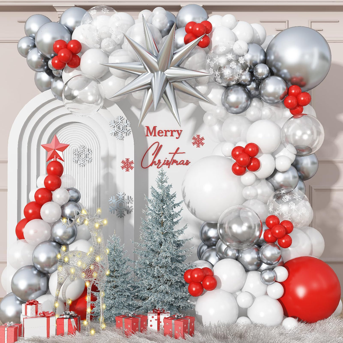 White Silver Red Balloons Arch Christmas Balloons Garland Winter Wonderland Birthday Party Decorations Snowflake Explosion Star Balloon Metallic Latex Helium Christmas Xmas New Year Baby Shower