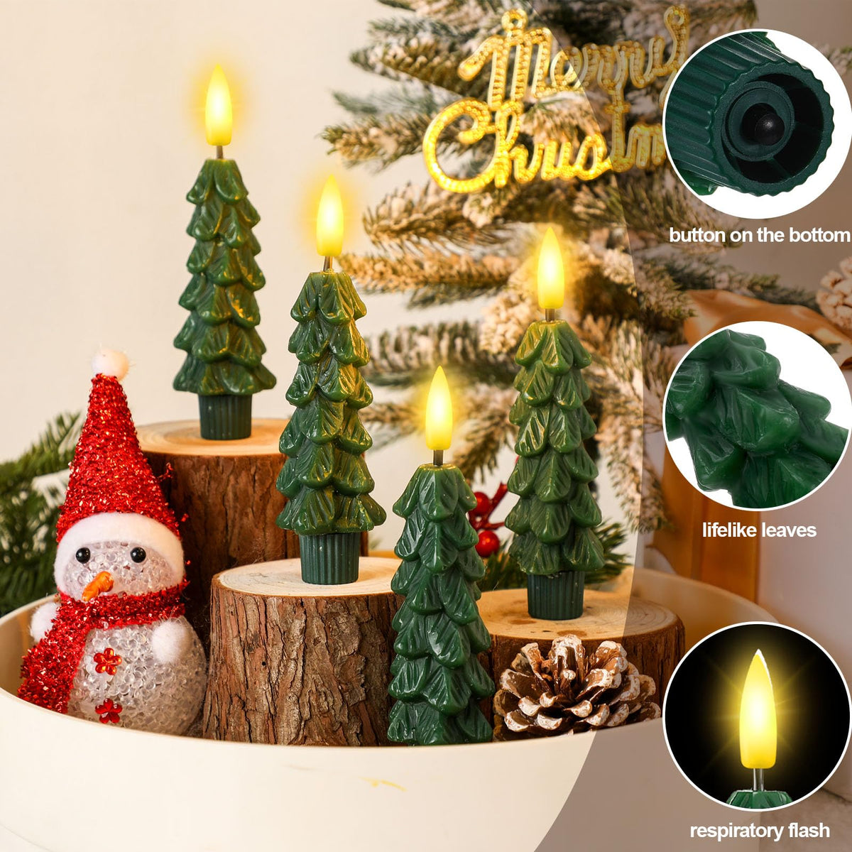 Funtery 6 Pcs Short LED Christmas Tree Flameless Taper Candles - 5 Inches Cute Small Real Wax Battery Operated Green Candlestick Lights with 3D Flame and Remote Timer for Window Fireplace