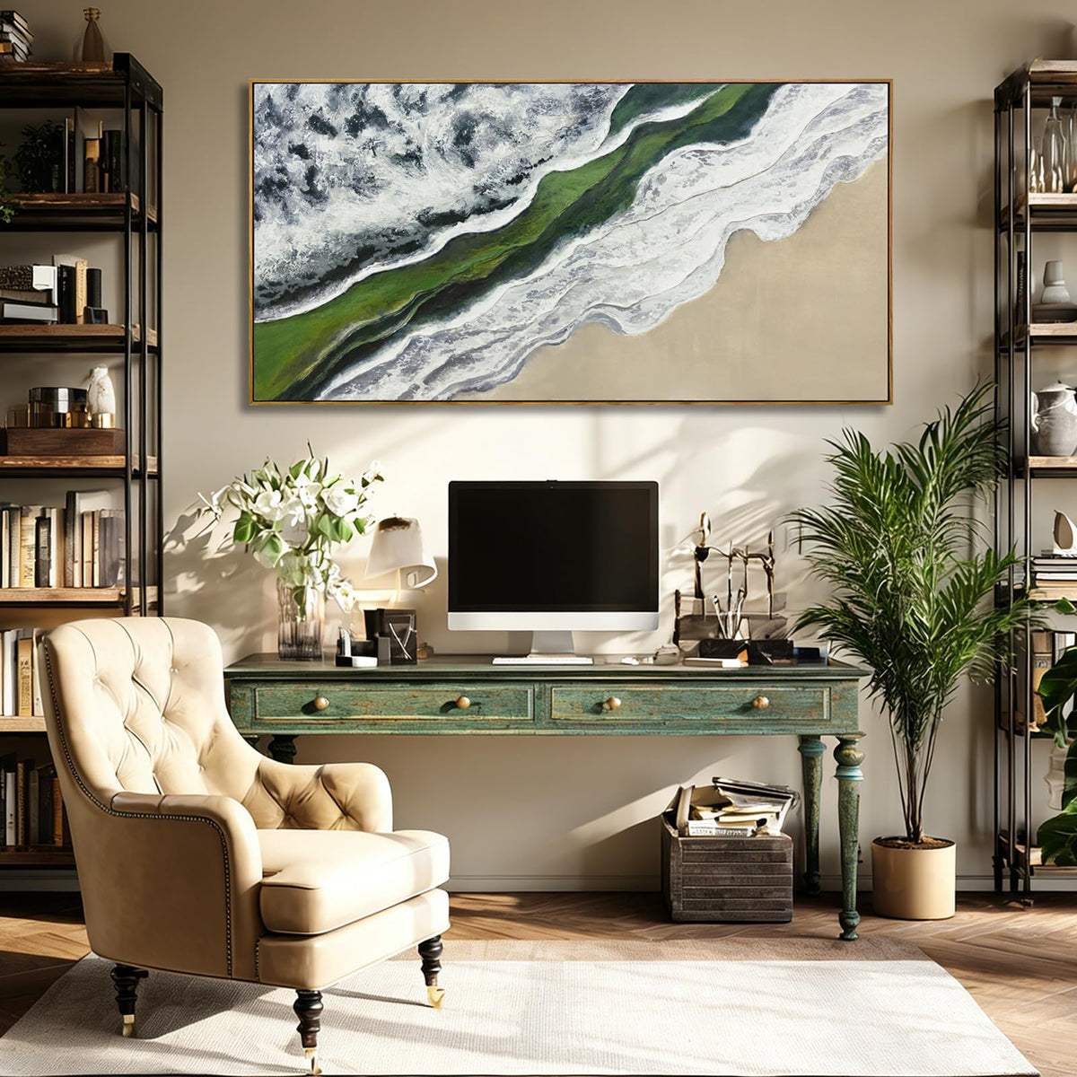 Sage Green Wall Art Abstract White Green Beach Wave Wall Decor Framed Canvas Prints Posters Pictures Artwork 24"x48" Ready to Hang