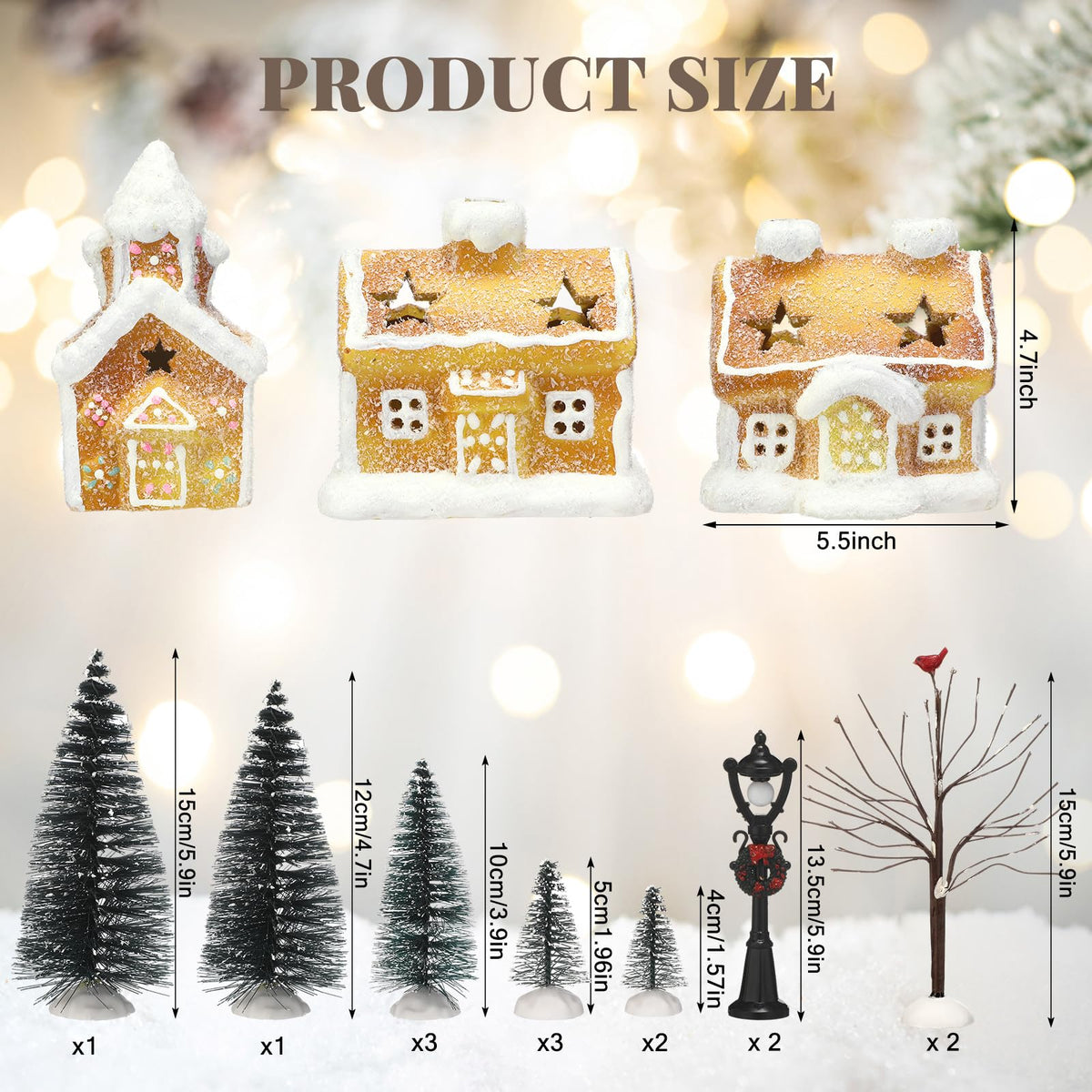 GlikCeil 17pcs LED Christmas Gingerbread Village Sets 3 Ceramic Gingerbread Houses Decor 2 Birch Trees 10 Pine Trees 2 Streetlight Christmas Figurines for Mantel Tabletop Shelf Decor