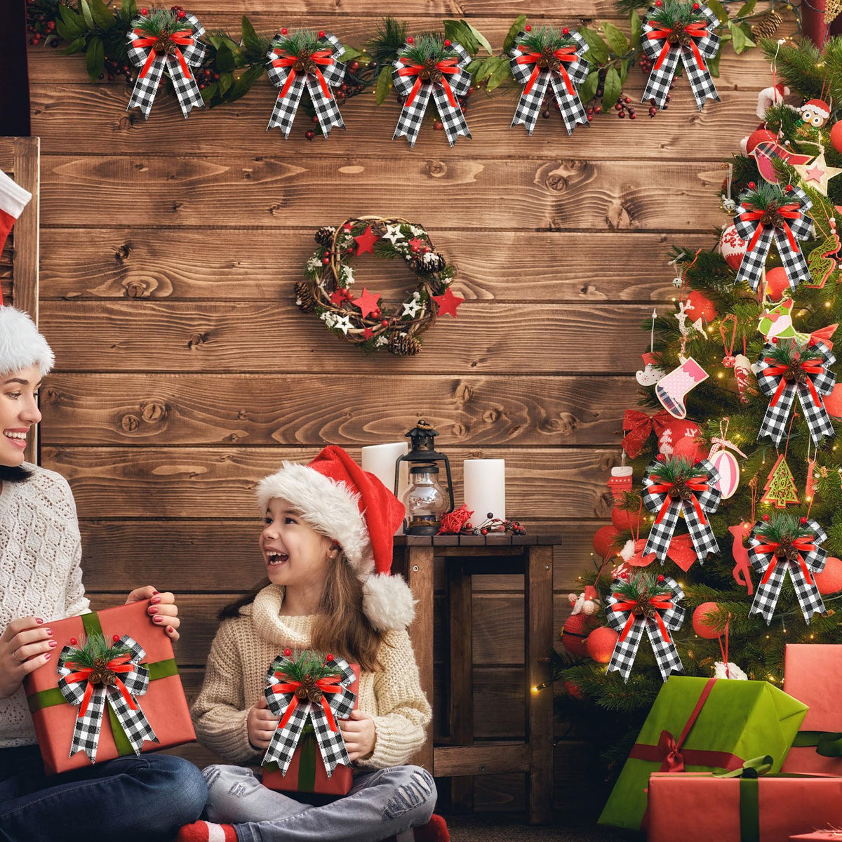 Syhood 6 Pcs Christmas Bows with Pine Cones Pine Needles Xmas Plaid Bows Black White Ribbon Christmas Tree Wreath Decoration for Xmas Parties Indoor Outdoor Crafts DIY Decor