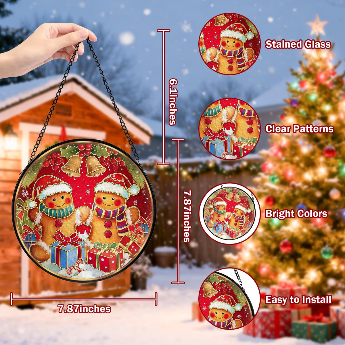 Christmas Decorations Stained Glass Window Hanging, Gingerbread Candy Cane Christmas Suncatcher for Window Hanging, Suncatchers Indoor Windows Wall Art for Mom Grandma, for Home Office 7.87 inches
