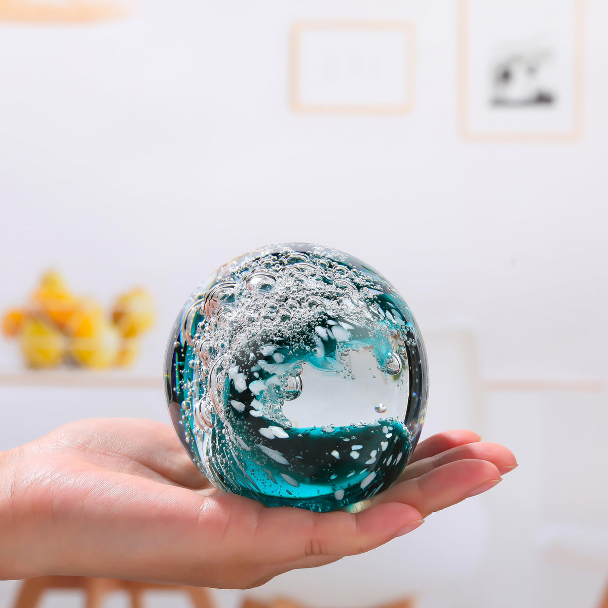 Qianwei Ocean Waves Hand Blown Glass Decor Crystal Ball Sea Figurines Gifts