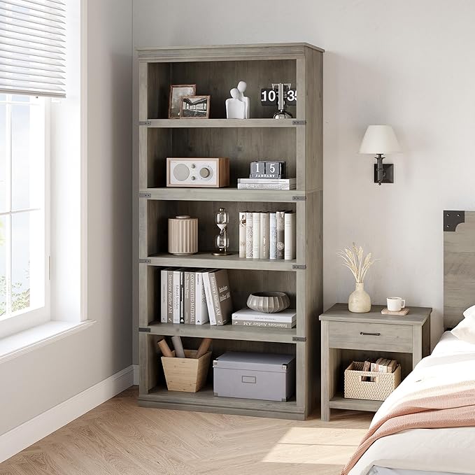 GarveeHome 5 Tier Farmhouse Bookcase, 67.4" Tall Book Shelf