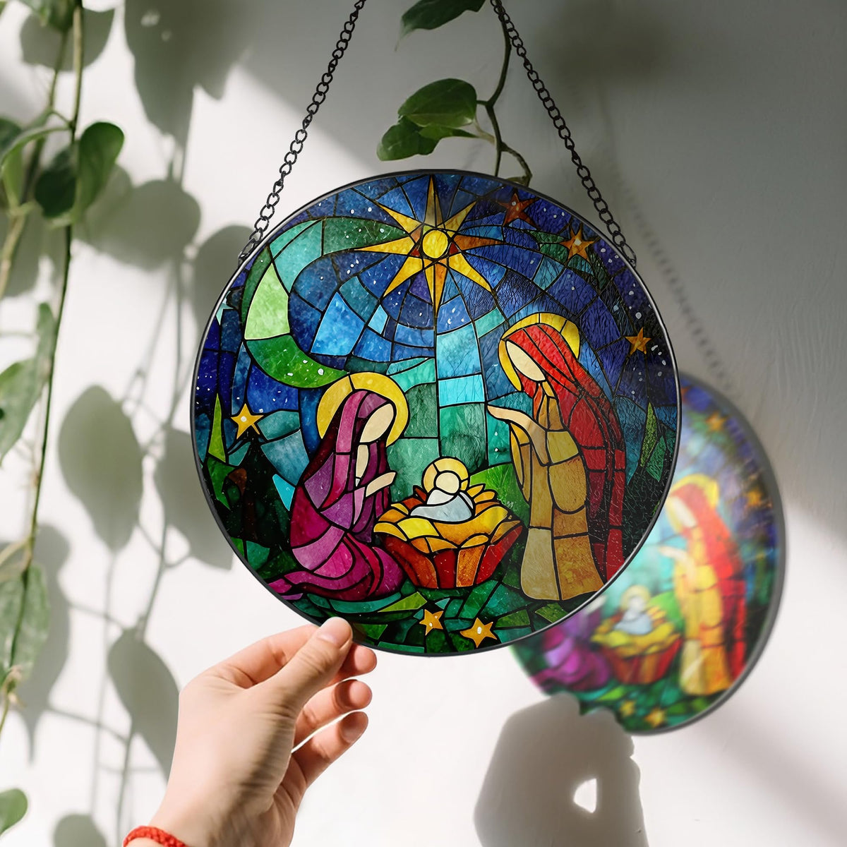 LAOWEIKI 8'' Stained Glass Window Hanging, Nativity Scene Ornament, Religious Ornament, Sun Catcher Window Decor, Christian Holiday Decor, Gifts for Christmas, Christian Gift, Religious Gift