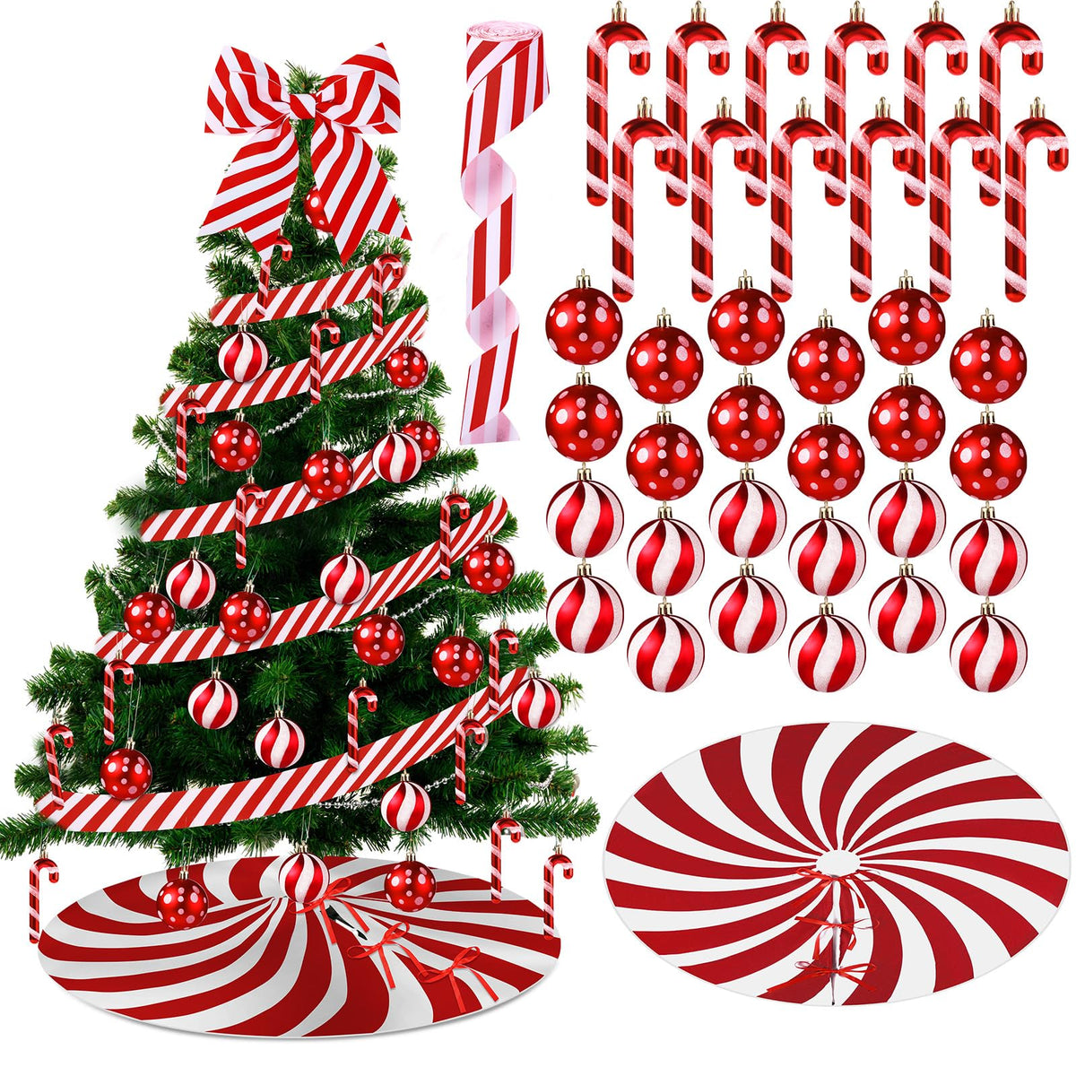 Shappy 38 Pcs Christmas Tree Ornaments Sets, Candy Cane Red White Stripes Xmas Tree Hanging Decorations, Plastic Xmas Ball Variety Shapes with Ribbon New Year Holiday Party Supplies(Cute,47.2'')