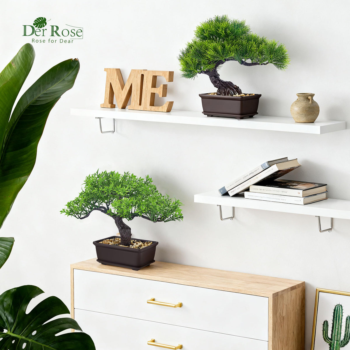Der Rose 2Pcs Small Fake Plants Artificial Bonsai Tree Set Ficus and Cedar for Office Desk Shelf Room Home Zen Decor Indoor
