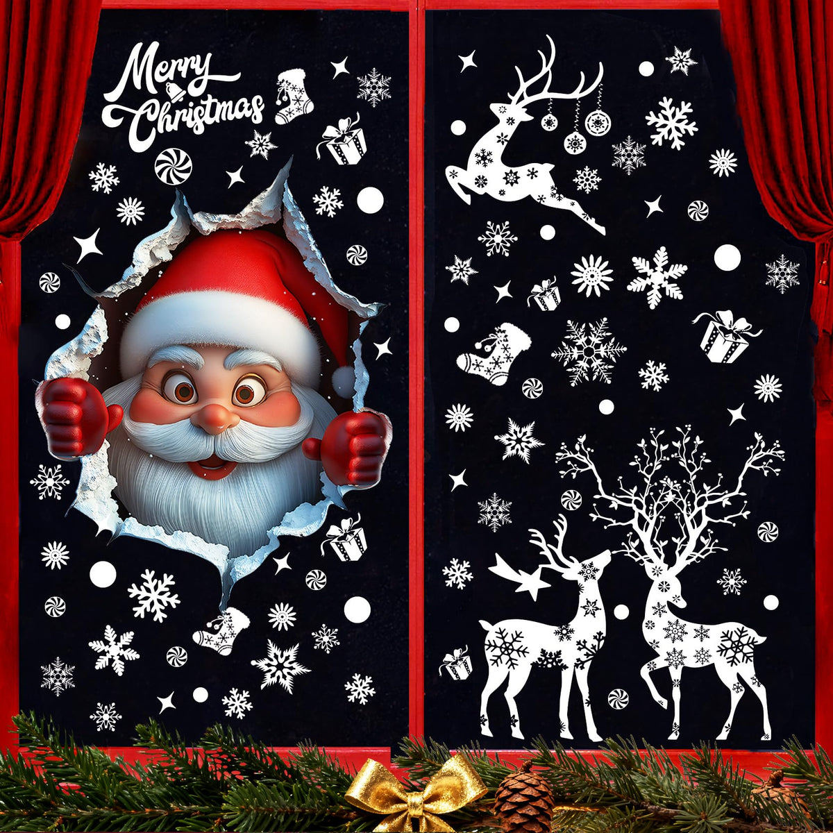 178Pcs Large Christmas Window Clings for Glass, Xmas Snowflake Cling Winter Stickers Reusable Double-Sided Outdoor Window Christmas Decoration for Santa Claus Reindeer Peppermint Decals Holiday Decor