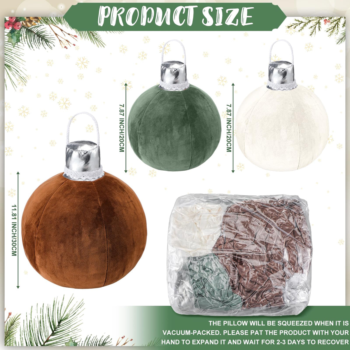Shellwei 3 Pcs Christmas Bell Pillow Velvet Round Throw Pillows 3D Stuffed Ball Shaped Pillow Neutral Cute Christmas Decorations for Bedroom Living Room and Gift for Christmas(Moss Green,Velvet)