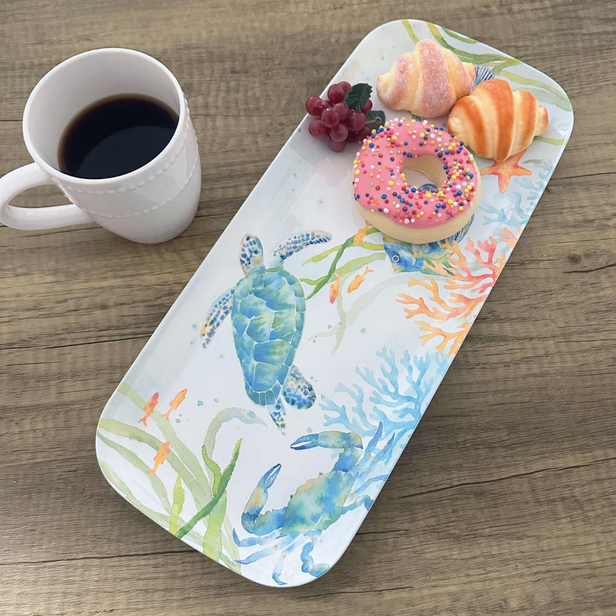 UPware Sea Life Serenade Melamine Serving Tray, 15 x 6.5 Inch Rectangular Serving Platter, BPA Free Food Tray for Party Entertaining