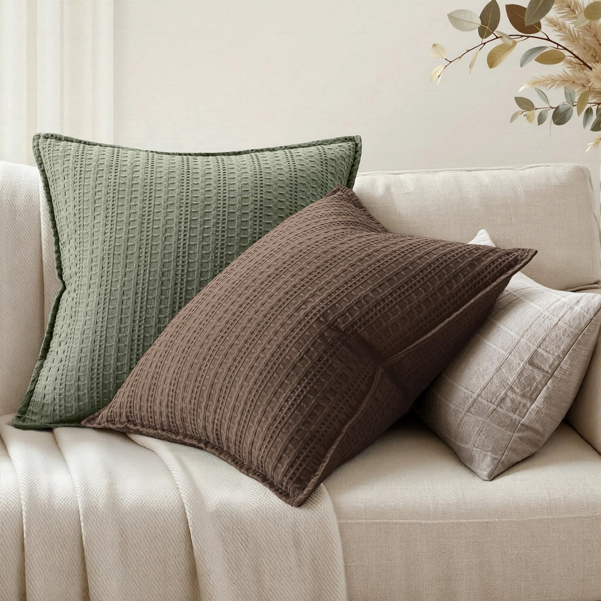 Woaboy Set of 2 Decorative 100% Cotton Waffle Throw Pillow Covers 18x18, Neutral Euro Shams Weave European Cushion Cases for Couch Sofa Bed Modern Farmhouse Home Decor, Reddish Brown