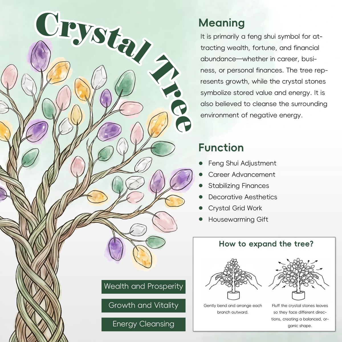 Rockcloud Handmade Crystal Money Tree with Rock Crystal Cluster Base, Gemstone Bonsai Tree for Home Office Decor, Mixed Stones