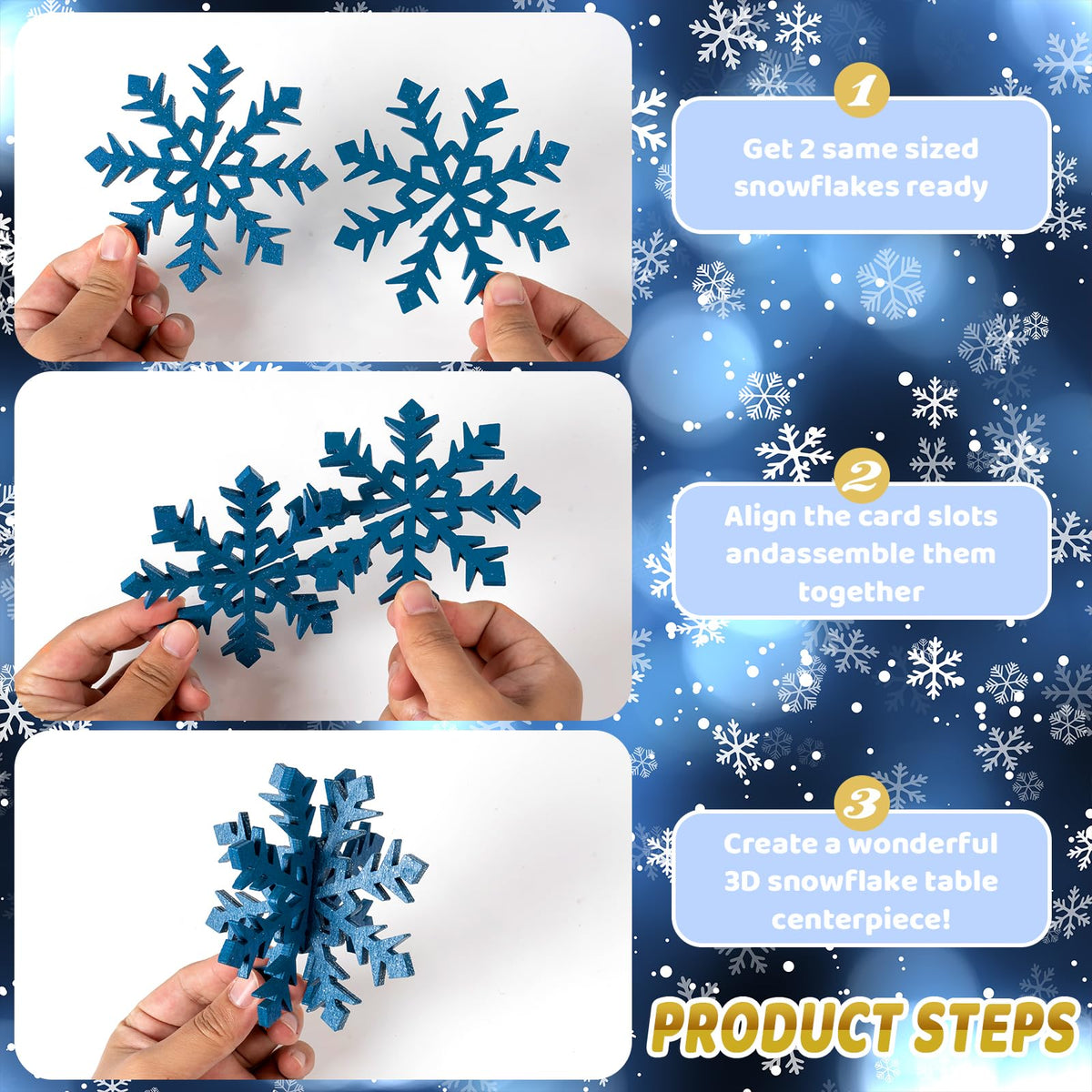 OuMuaMua 6 Set Snowflake Christmas Table Decorations - 12pcs Blue White Glitter Wooden 3D Snowflake Decor Tabletop Centerpiece for Christmas Party Supplies Home Decor