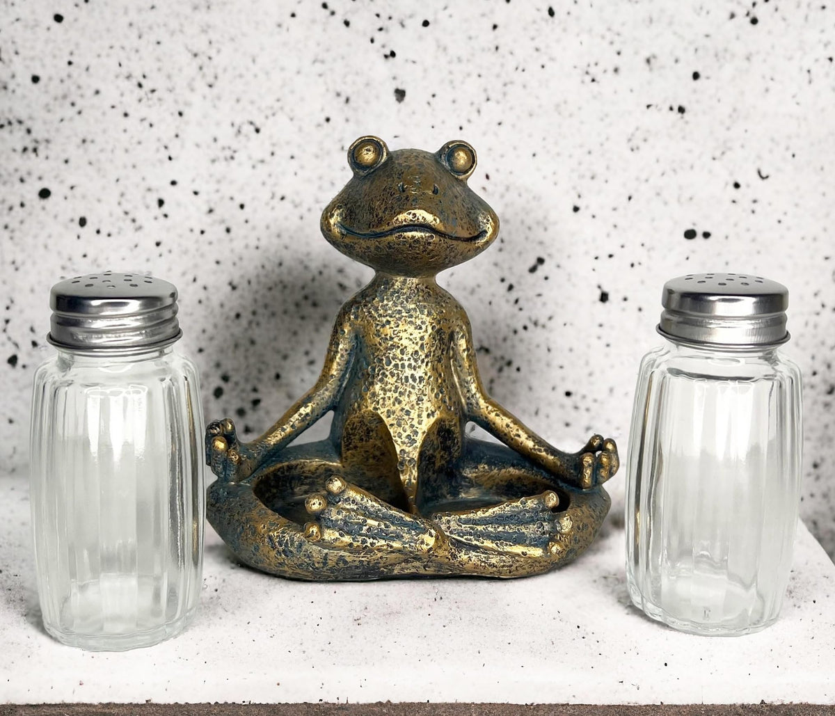Yoga Frog Salt and Pepper Set with Glass Shakers – Whimsical Meditating Zen Master Lotus Pose Figurine – Dining Table Kitchen or Bar
