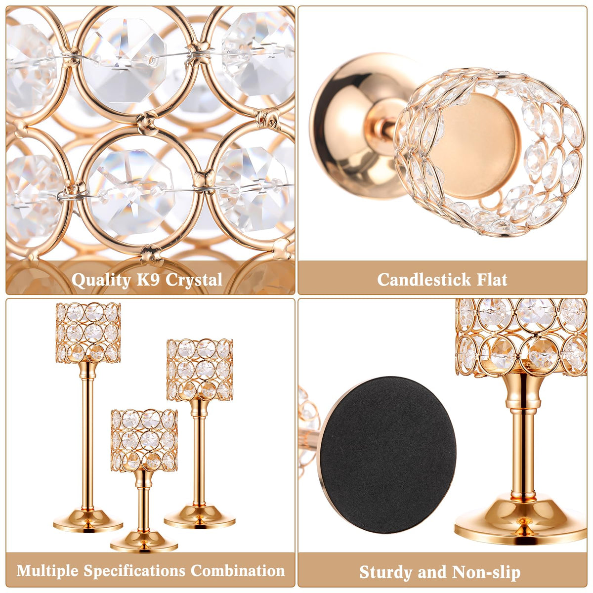 Mumufy 12 Pieces Crystal Candle Holders Set 3 Sizes Tall Crystal Wedding Candlestick Holders Pillar Candelabra Stand for Table Centerpieces for Christmas Party Wedding Dining Decoration (Gold)
