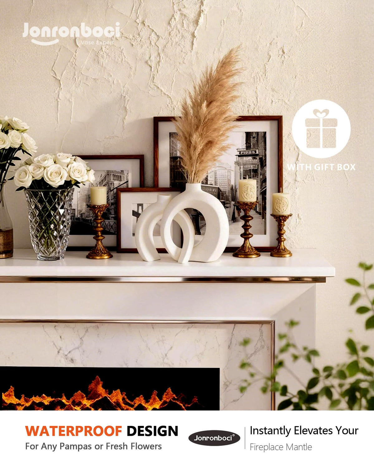 7.2″Hx8.9″H Donut Shape Decorative Vase Set of 2, Ceramic, Modern Minimalism Styles, Flowers or Plant Table Vases for Home Decor Living Room Shelf Entry Console Mantle Dining Centerpiece (Matte White)