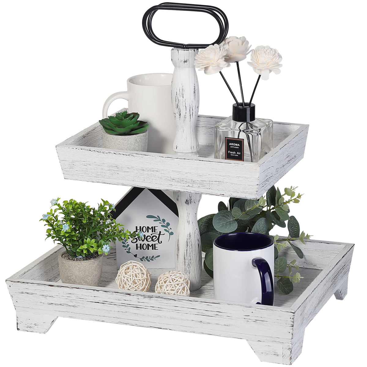 Eufrozy 2-Tier Farmhouse Tiered Tray Stand, Rustic White Wooden Decorative Serving Tray with Metal Handles, Rectangular Display Stand for 4th of July Decorations, Kitchen Table Housewarming Gifts