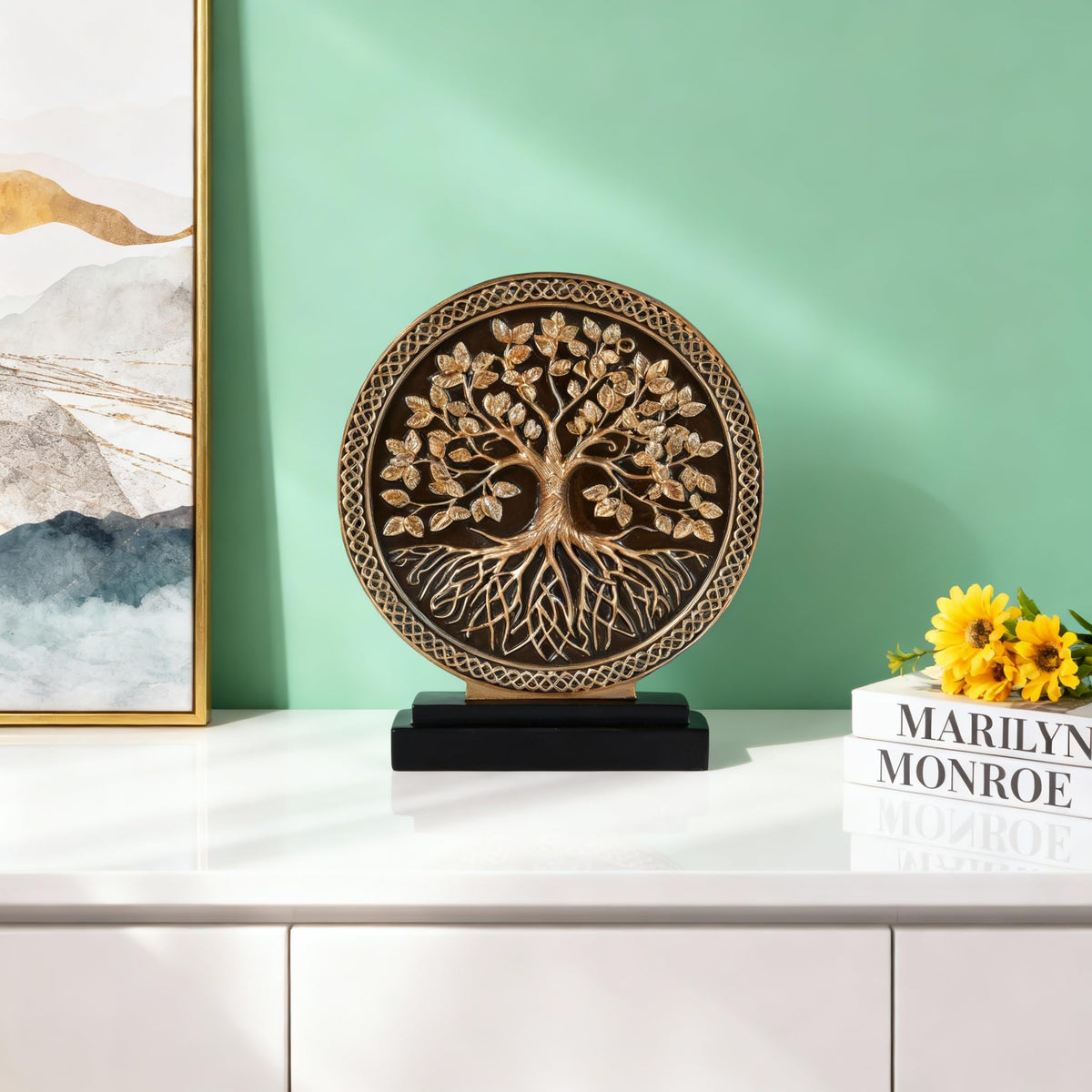 DOVDOV Abstract Circular Tree of Life Decorative Sculpture, Black and Gold Home Decor, Modern Art Home Accent Suitable for Office Shelves, Coffee Tables, and Above Cabinet Decorative Statue.