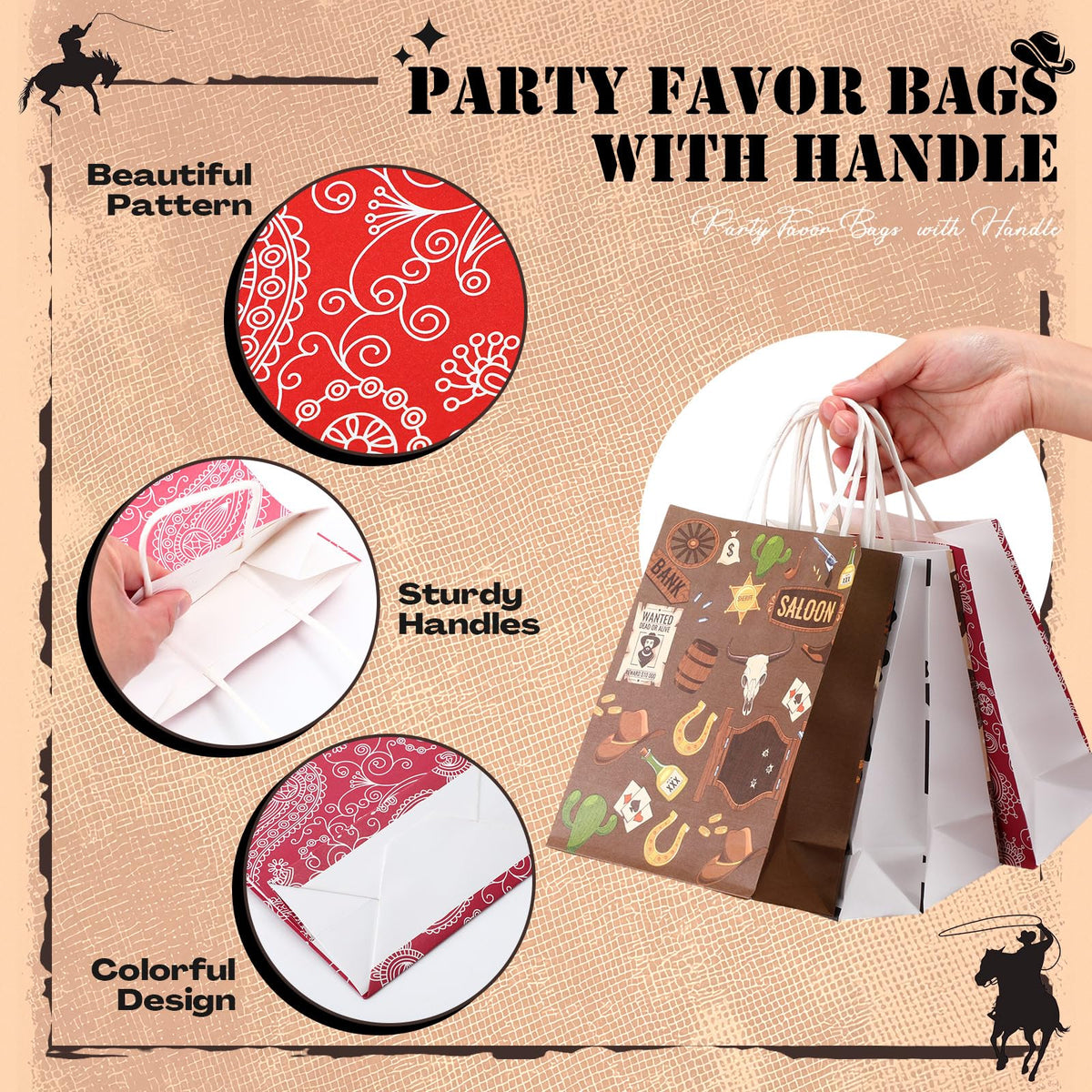 Marspark 24 Pcs Western Cowboy Party Favor Gift Bags Rustic Hat Boots Paisley Goodies Treat Paper Totes with Handle for Birthday Christmas Party, 4 Styles