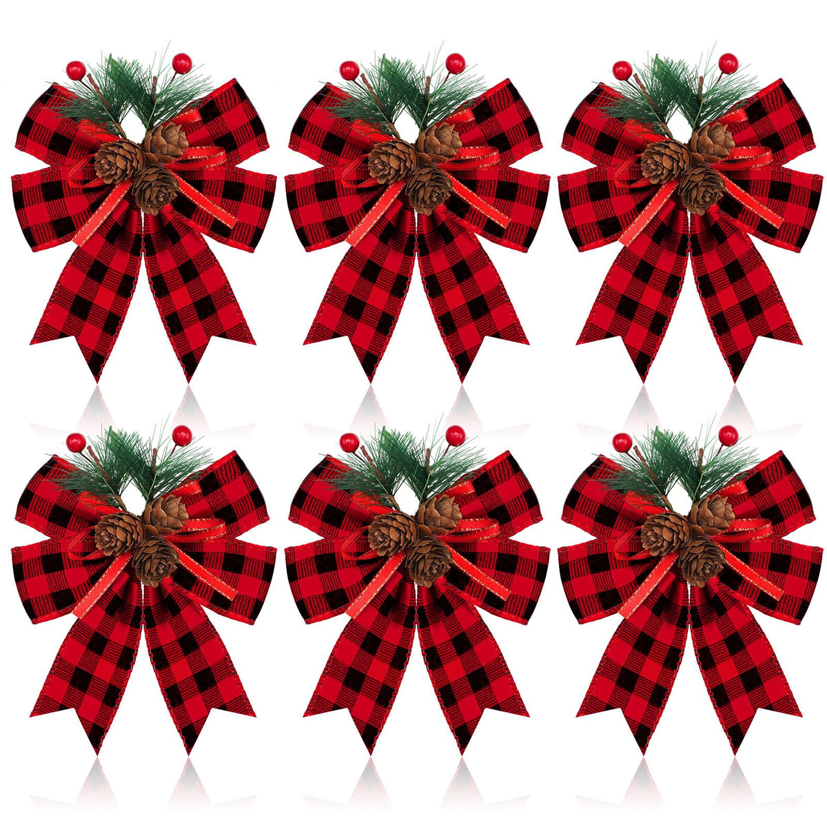 Syhood 6 Pcs Christmas Bows with Pine Cones Pine Needles Xmas Velvet Bows Black and Red Ribbon Christmas Tree Wreath Decoration for Xmas Parties Indoor Outdoor Crafts DIY Decor